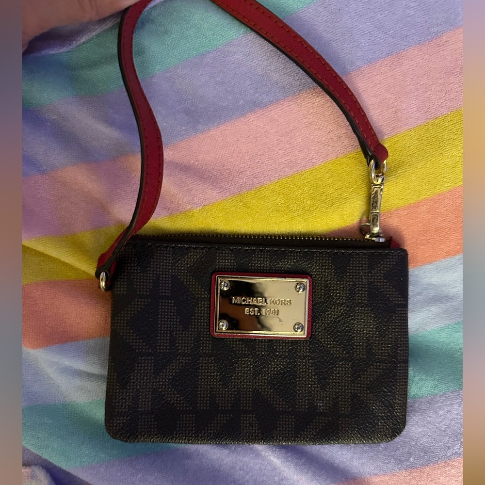 Michael Kors Brown and Red Small MK Logo Wristlet with Gold Hardware